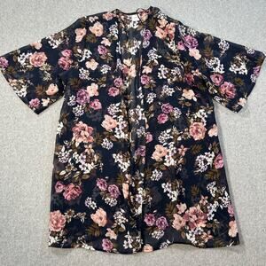 Kaileigh Sheer Floral Kimono Womens XXL Navy Blue Flowy Open